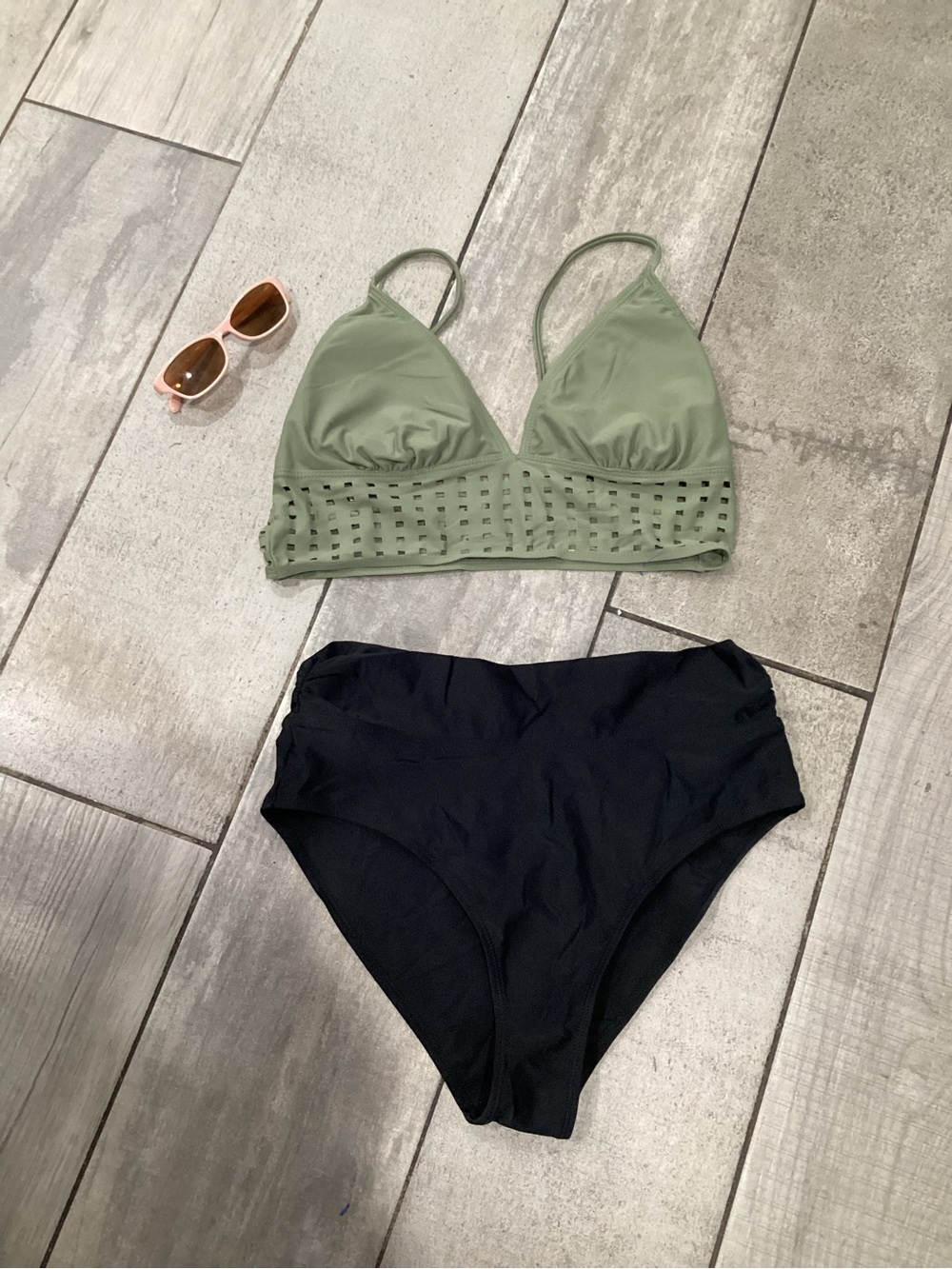Marilyn Monroe Olive Green Laser-Cut Bralette and Black High-Waist Bikini Set
